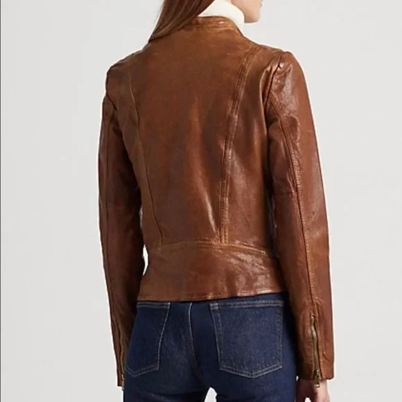 Lauren Ralph Lauren Burnished Leather Moto Bomber Jacket Dark Walnut